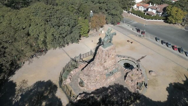 Drone circling around General Martin Miguel de Guemes memorial monument, Uruguay, Salta, Argentina
