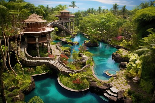 Tropical garden with pond and waterfall,3d render, Exotic oasis in bali, a tropical swimming pool, nestled amidst the breathtaking scenery of indonesia's enchanting island, AI Generated