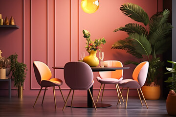 Fototapeta premium Modern kitchen interior design. Pink and yellow colors