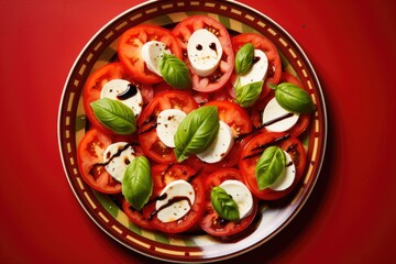 Savor the Taste of Italy with a Fresh Caprese Salad - Succulent Mozzarella, Ripe Tomatoes, and Basil Leaves on a Red Background with Copy Space.

