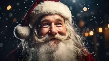 Laughing Santa Claus with long white gray beard and red hat, snowflakes flying | Generative AI