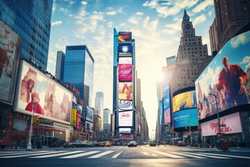 s Square, featured with Broadway Theaters and huge number of LED signs, is a symbol of New York City and the United States, Famous Times Square landmark in New York downtown, AI Generated - obrazy, fototapety, plakaty