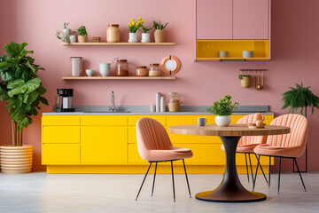Modern kitchen interior design. Pink and yellow colors