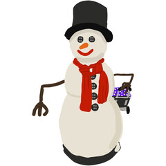 snowman dragging suitcase line art doodle