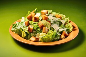 A Classic Caesar Salad: Fresh Romaine Lettuce with Parmesan Cheese, Croutons, and Delicious Dressing - A Timeless Culinary Delight.