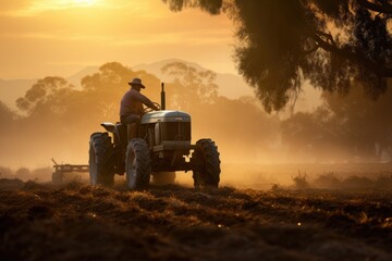 Fototapeta premium Farmer working on tractor preparing land for sowing crops at sunset, Farmer operating a tractor working in the field in the morning, AI Generated