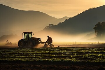 Farmer with tractor at work in the field at sunrise. Tractor preparing land for sowing, Farmer...