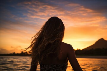 Fototapeta premium Silhouette of a beautiful girl on the beach at sunset, Female surfer rear view in sea at sunset, Oahu, Hawaii, United States of America, AI Generated