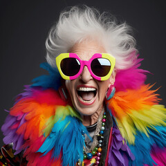 Happy senior woman in colorful neon outfit, funny sunglasses and extravagant style, laughing and smiling, trendy grandma posing in studio white background png - obrazy, fototapety, plakaty