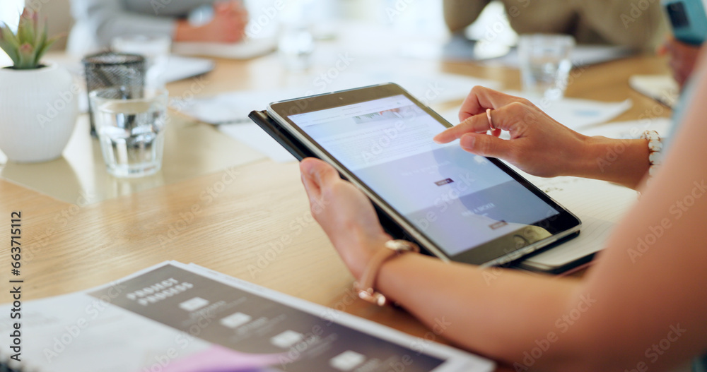 Aufkleber Business hands, screen and tablet for meeting, project proposal and website launch and software review. Professional person scroll on digital technology of ui or ux design feedback, FAQ or newsletter