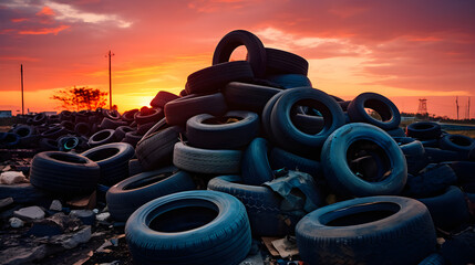 Photo of A pile of tires on top of a trash heap at dawn. Generative AI - obrazy, fototapety, plakaty