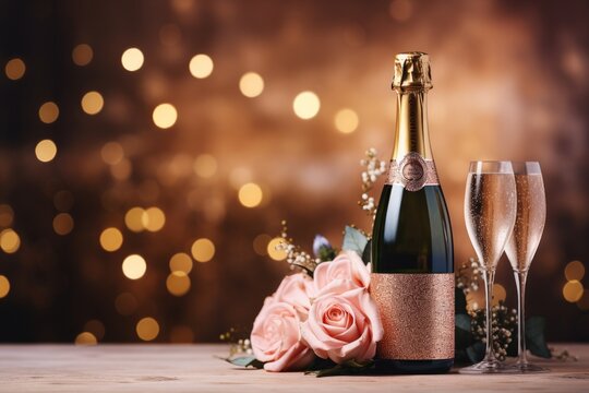 Banner with bottle of rose champagne 