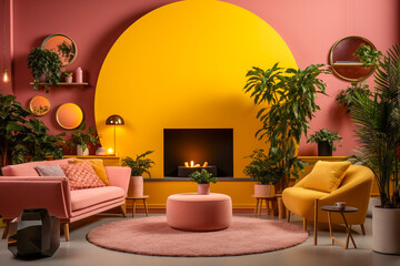 Modern living room with cozy sofa interior design. Pink and yellow colors