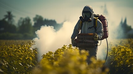 person fumigating field with pesticide or insecticide. Generative AI - obrazy, fototapety, plakaty