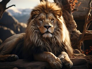 Fototapeta premium A majestic lion relaxing on top of the rocks generative ai