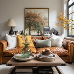 Fototapeta premium a cream leather couch with books 