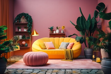 Modern living room with cozy sofa interior design. Pink and yellow colors