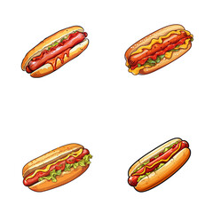 set of hot dog watercolor illustrations for printing on baby clothes, pattern, sticker, postcards, print, fabric, and books