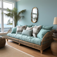 a turquoise fabric couch with pillows
