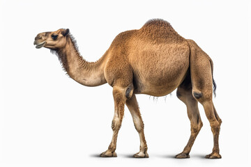 Camel; White Background; Standing; Right-Facing; Light Brown Fur; Two Humps; Curved Neck; Head Tilted Upwards; Tail Hanging Down; Bent Knees; Photo Realistic Image; Desert Animal; Wildlife Photography