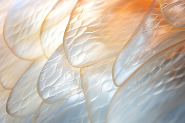 Extreme closeup of texture of natural scales of a fish in light colors. Abstract background.