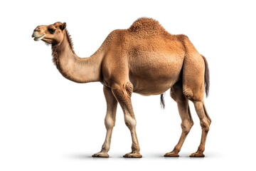 Camel; White Background; Standing; Right-Facing; Light Brown Fur; Two Humps; Curved Neck; Head Tilted Upwards; Tail Hanging Down; Bent Knees; Photo Realistic Image; Desert Animal; Wildlife Photography