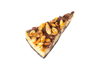 Slice of cheesecake caramel with peanuts and cookies top view on white or invisible background isolated