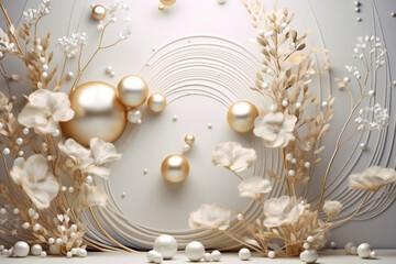 3D Wallpaper Design with Floral and Geometric Objects gold ball and pearls