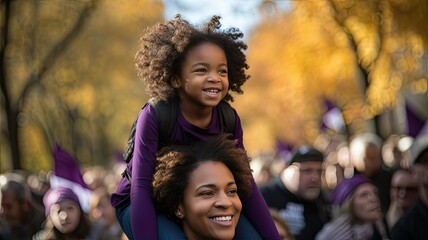 Black girl at a feminist rally riding on her mother's shoulders