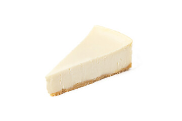 Slice of classical cheesecake new york vanilla on white background isolated top view