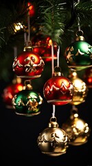 Joyful jingle bells. A cheerful, detailed image of jingle bell ornaments in traditional Christmas colors. Merry christmas card. Vertical orientation. 