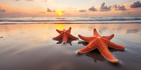 starfish on the edge of the beach, sunset beach view