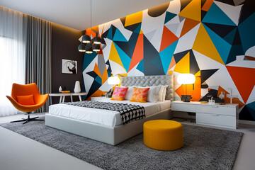 Modern bedroom with cozy bed. Geometric style interior design with bright colors