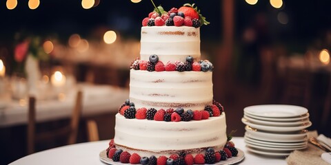very beautiful wedding cake with fruit decoration, taking pictures with blur celebration party background