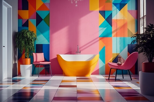 Modern bathroom with bath. Geometric style interior design with bright colors