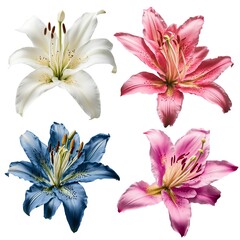 Four lilies of four colors on a white background