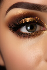 Beautiful shape of female eye with golden-brown cosmetic make-up