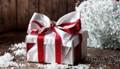 The red gift box and green gift box were packed and decorated with a white bow on snowy background. Christmas gift