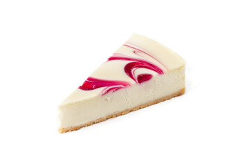 Slice of classical cheesecake new york strawberry or raspberry jam on white or invisible background isolated top view