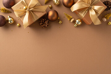 Countdown to holidays. Overhead shot of splendid gift boxes, brown and golden baubles, miniature...