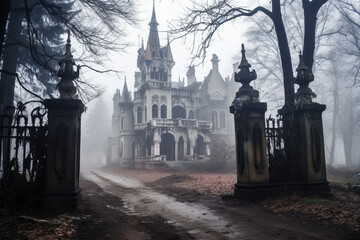 Abandoned manor in gothic style, central Russia - obrazy, fototapety, plakaty