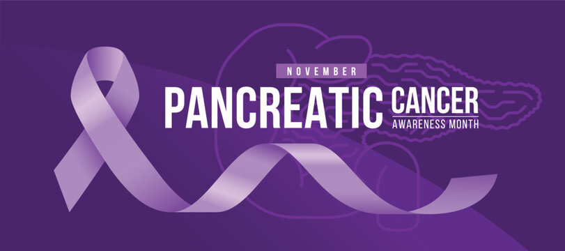 Pancreatic cancer awareness month - Text and purple ribbon awareness on lines pancreatic sign texture and dark purple background vector design
