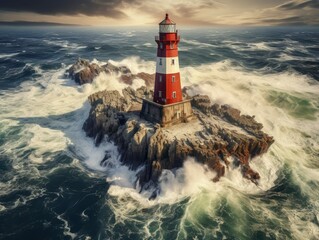 Lighthouse on small island in the sea at sunny day in summer. Aerial top view of beautiful lighthouse on the rock, clear azure water - obrazy, fototapety, plakaty