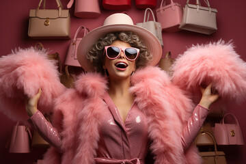 young girl in a pink fur coat and hat, joyful and surprised on a pink background with bags, shopaholism