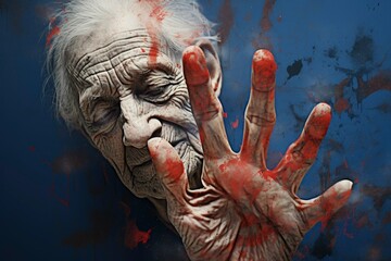 Palm of the hand of an old woman. Illustration 3D, blue background