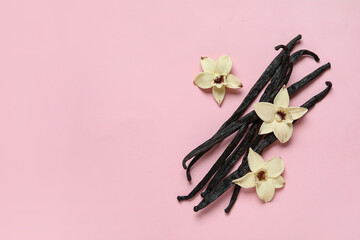 Aromatic vanilla sticks and flowers on pink background