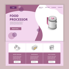 Naklejka premium Electric kettle flat landing page website template. Mixer grinder, microwave, rice cooker. Web banner with header, content and footer. Vector illustration.