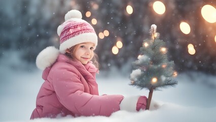 little child playing with snow in the snow