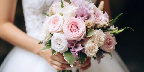 a bride is holding a beautiful bouquet of roses