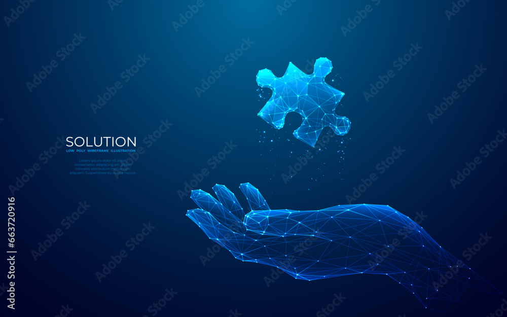 Poster Abstract solution concept. Jigsaw or puzzle pieces in a human hand. Digital palm and one puzzle hologram on dark blue background. Low poly wireframe vector illustration in futuristic technology style.